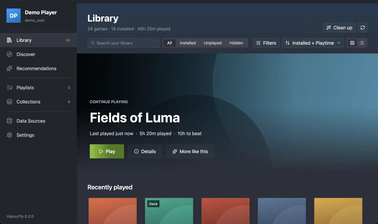 Vapourfly running at Steam Deck resolution, showing the Library view.