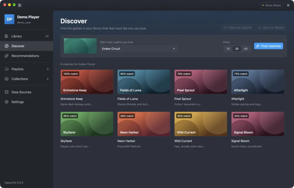 The Discover view, showing games that match a seed game with match percentages.