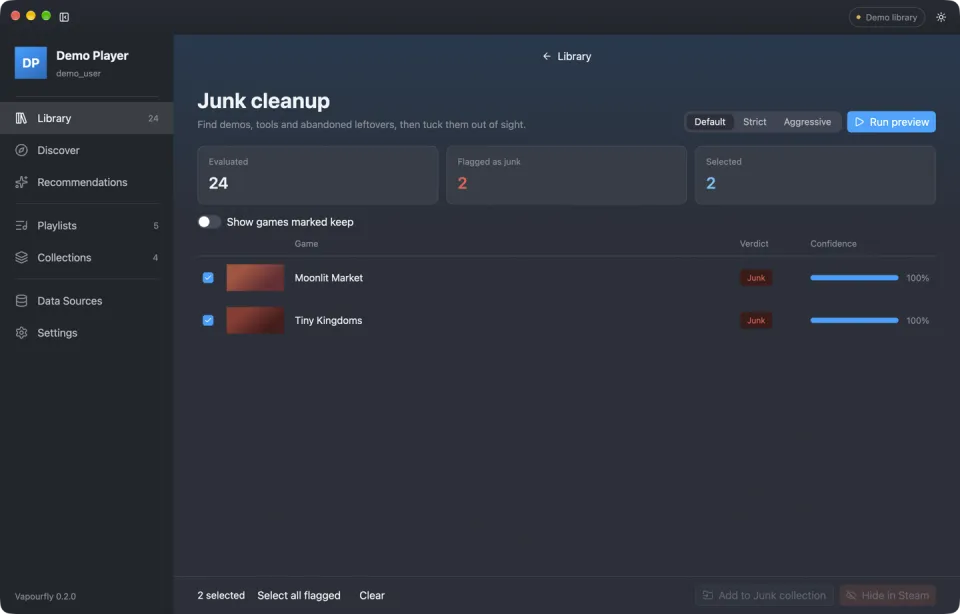 Junk cleanup, with flagged games and their confidence.