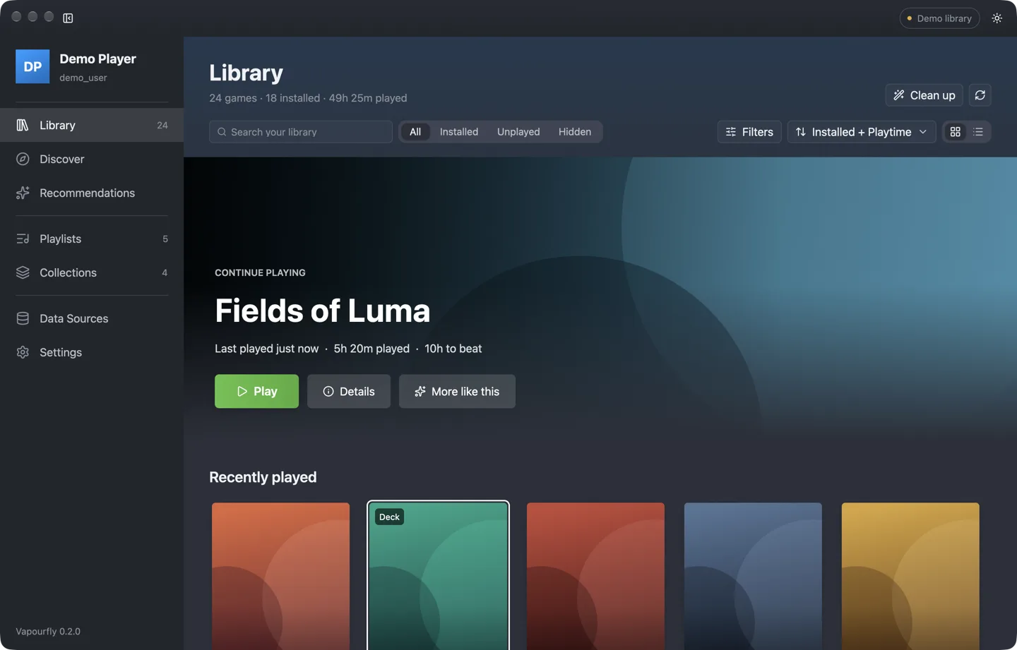 The Vapourfly Library view, with a Continue playing hero and a shelf of recently played games.