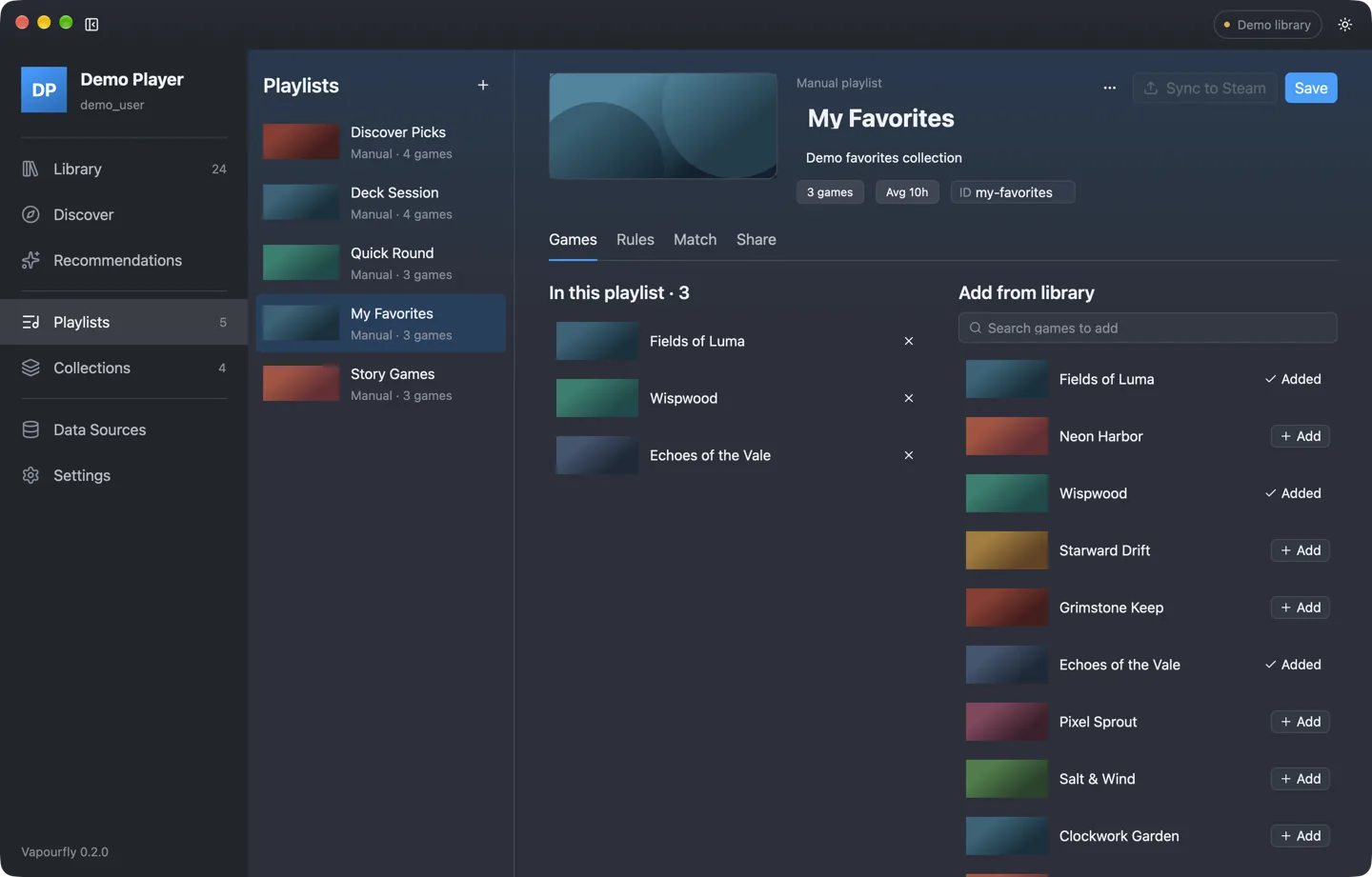 The Playlists editor, with games in a playlist and a list of library games to add.