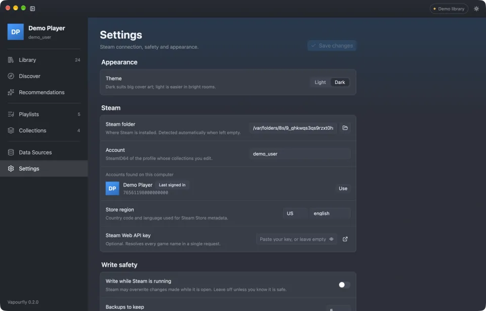 Settings, with appearance, Steam folder and account options.